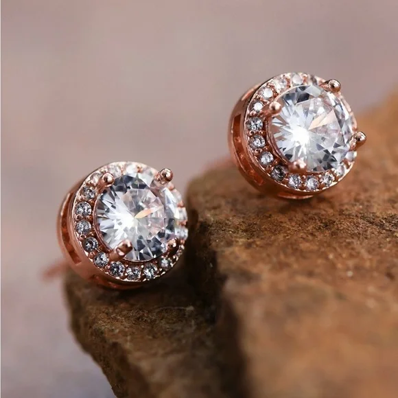 Clear Glass Crystal Dainty Rose Gold Plated Stud Earrings - Picture 1 of 7